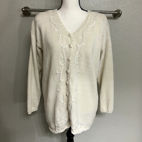 Cute Off White 90s Vintage V-Neck Cardigan Sweater - Size Medium - Picture 1 of 9